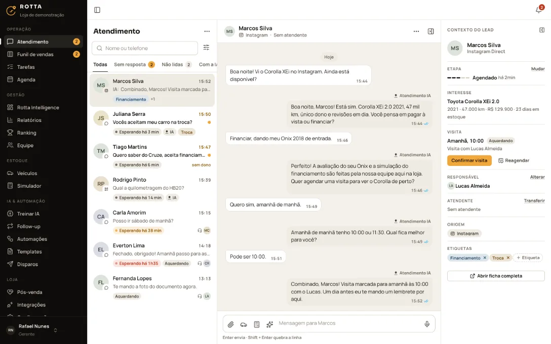 Central de Atendimento do Rotta: a IA confirma o veículo, oferece horários e marca a visita, com o contexto do lead ao lado